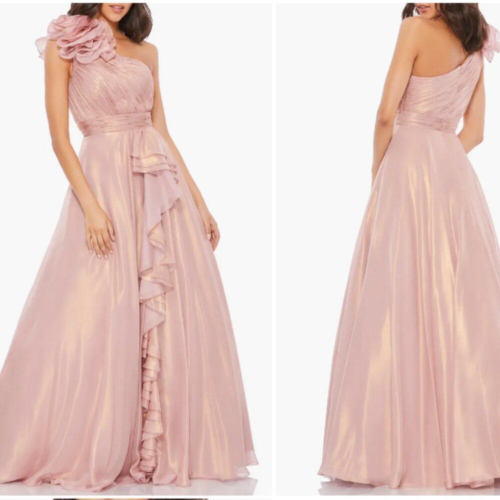 MAC DUGGAL 49252 ONE SHOULDER ROSETTE IRIDESCENT ROSE GOLD GOWN sz 12